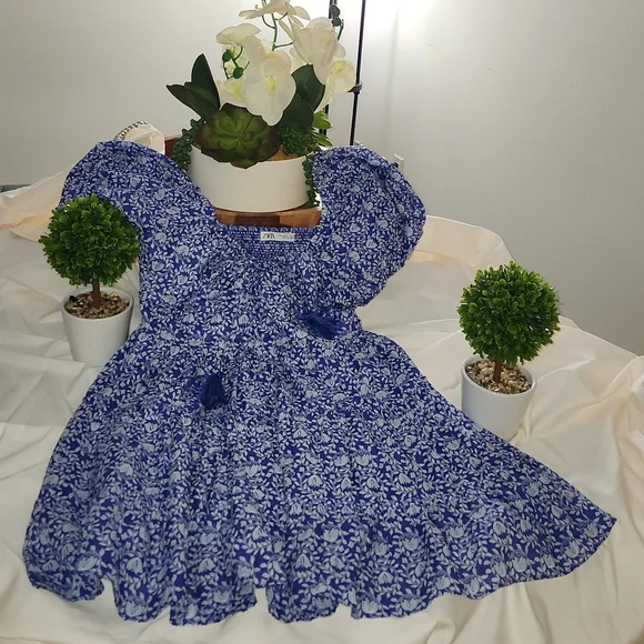 CUTE Printed Dress Short Blue Balloon Sleeves - Picture 2 of 8